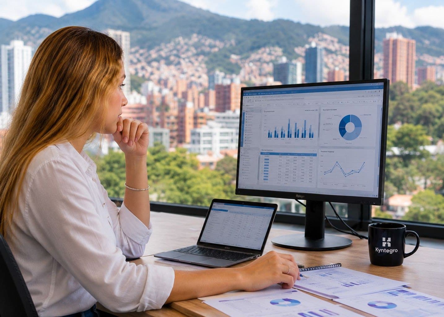 Una persona revisa un tablero de indicadores en su monitor, con la ciudad al fondo.